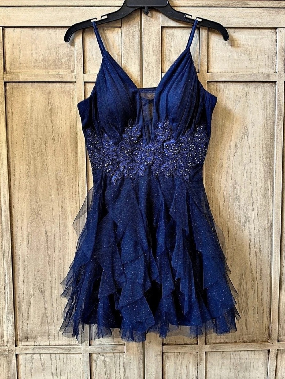 Pear Culture Juniors Teen Glitter-Mesh Lace-Up Mini Dress Navy Blue Size 7 Women